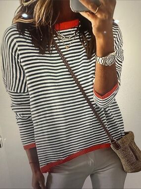 Jessica Black and White Striped Sweater with Orange Trim, size medium